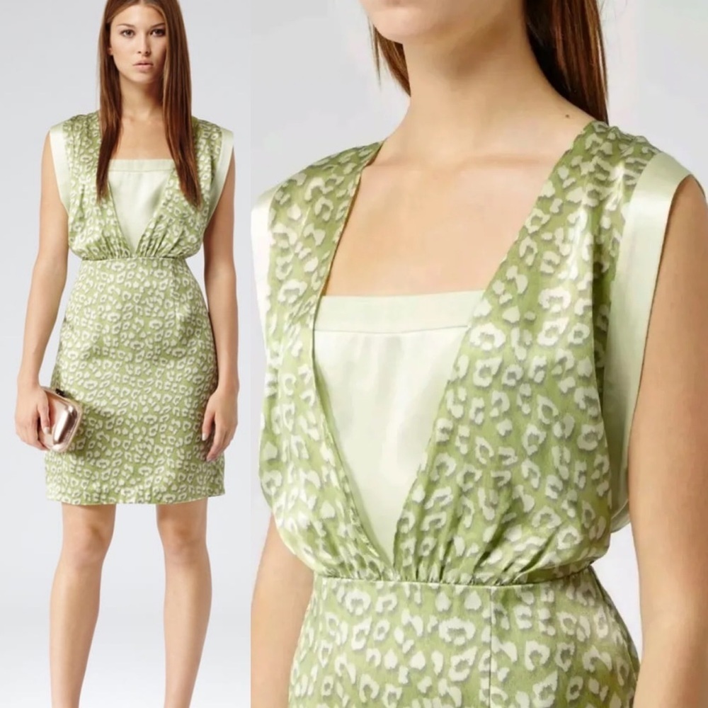 Reiss 100% Silk Arun Green Leopard Print Layer Dress Square Neck Sheath‎ Boho 2